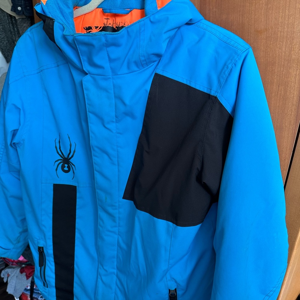 Gently used blue Spyser ski jacket with hood - Picture 2 of 6